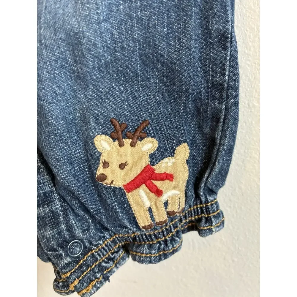 Gymboree Denim Overalls Reindeer Holiday Christmas Girls 18-24M Red Ruffle Trim